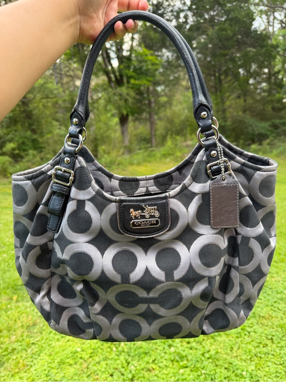 Coach Black And Gray Madison Signature Hobo Bag In Op Art